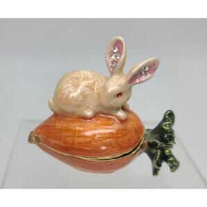 Rabbit and Carrot Trinket Box Bejeweled & Enameled Hinged W/ Magnet 2" Mini